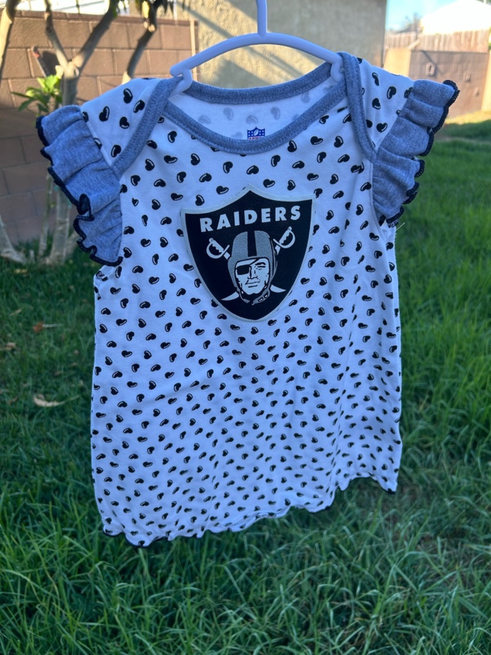 NFL Raiders White and Gray Heart Print Ruffle Romper